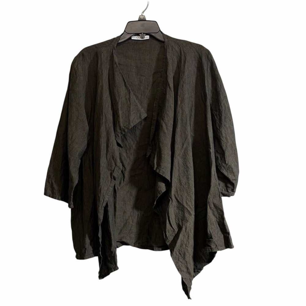 Bryn Walker Large 100% Linen Open Waterfall Cardigan Olive Green Brown Lagenlook